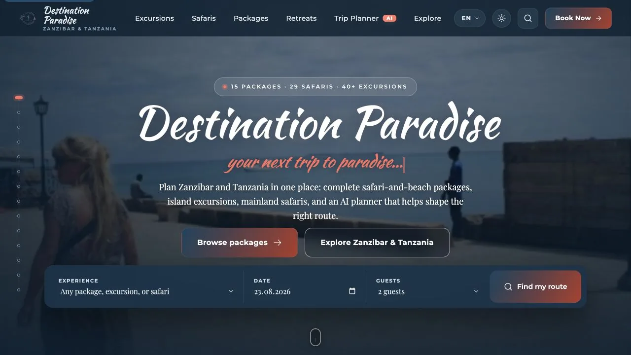 Destination Paradise website homepage for Zanzibar and Tanzania travel