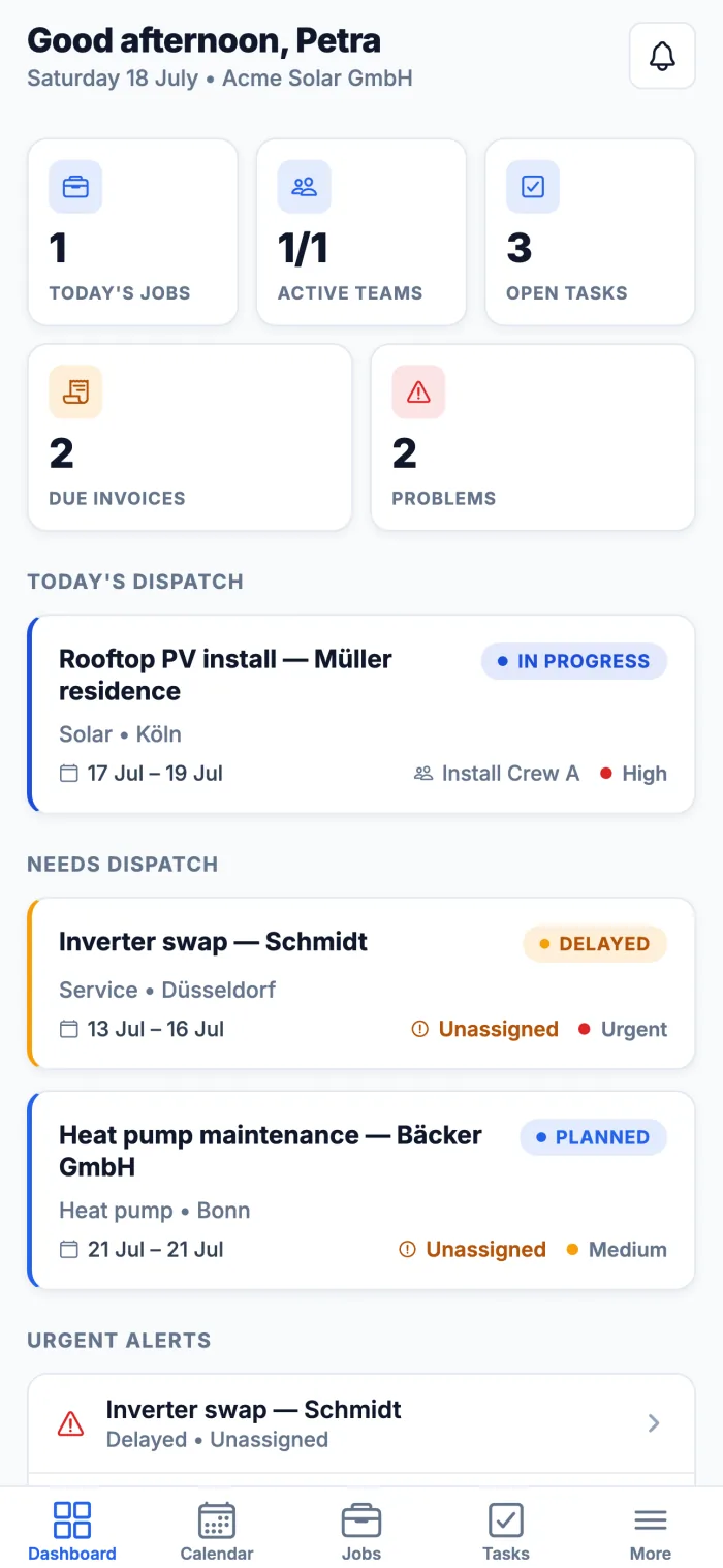 FlowDesk mobile app dashboard showing jobs, teams, tasks, invoices, and dispatch activity