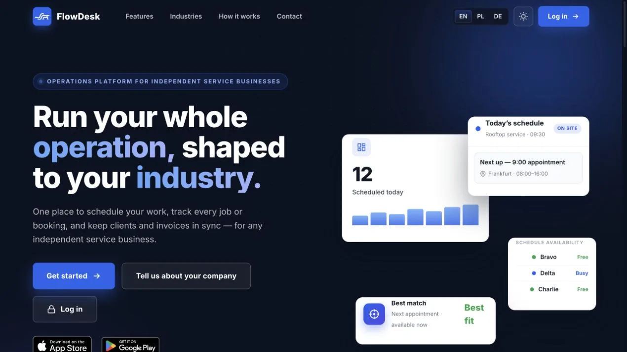 FlowDesk website homepage presenting its service-operations platform