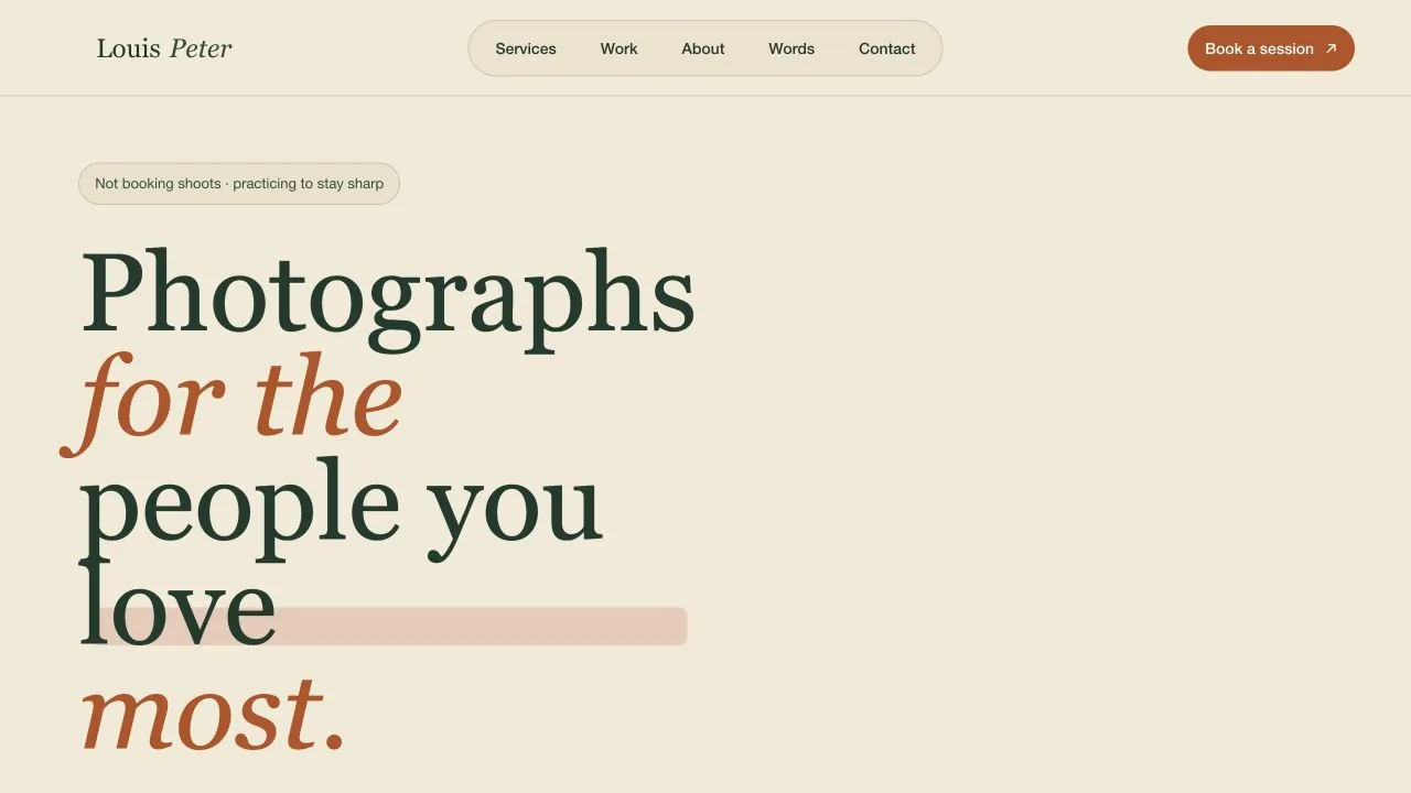 Louis Peter Photography portfolio homepage with an editorial typography-led layout