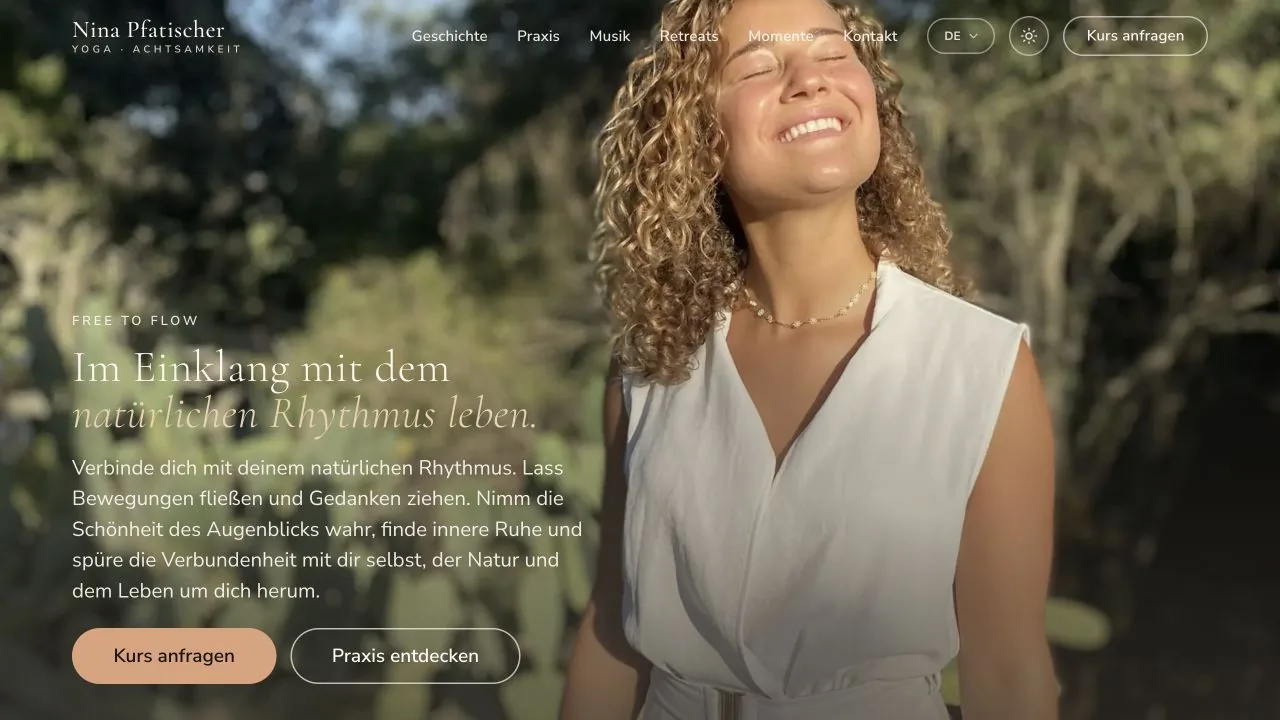 Nina Pfatischer Yoga website homepage with Nina outdoors in natural light