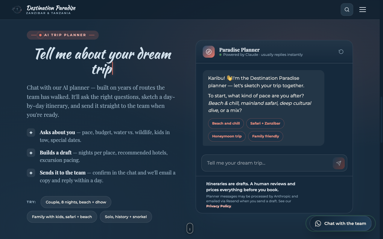 Destination Paradise website trip planning