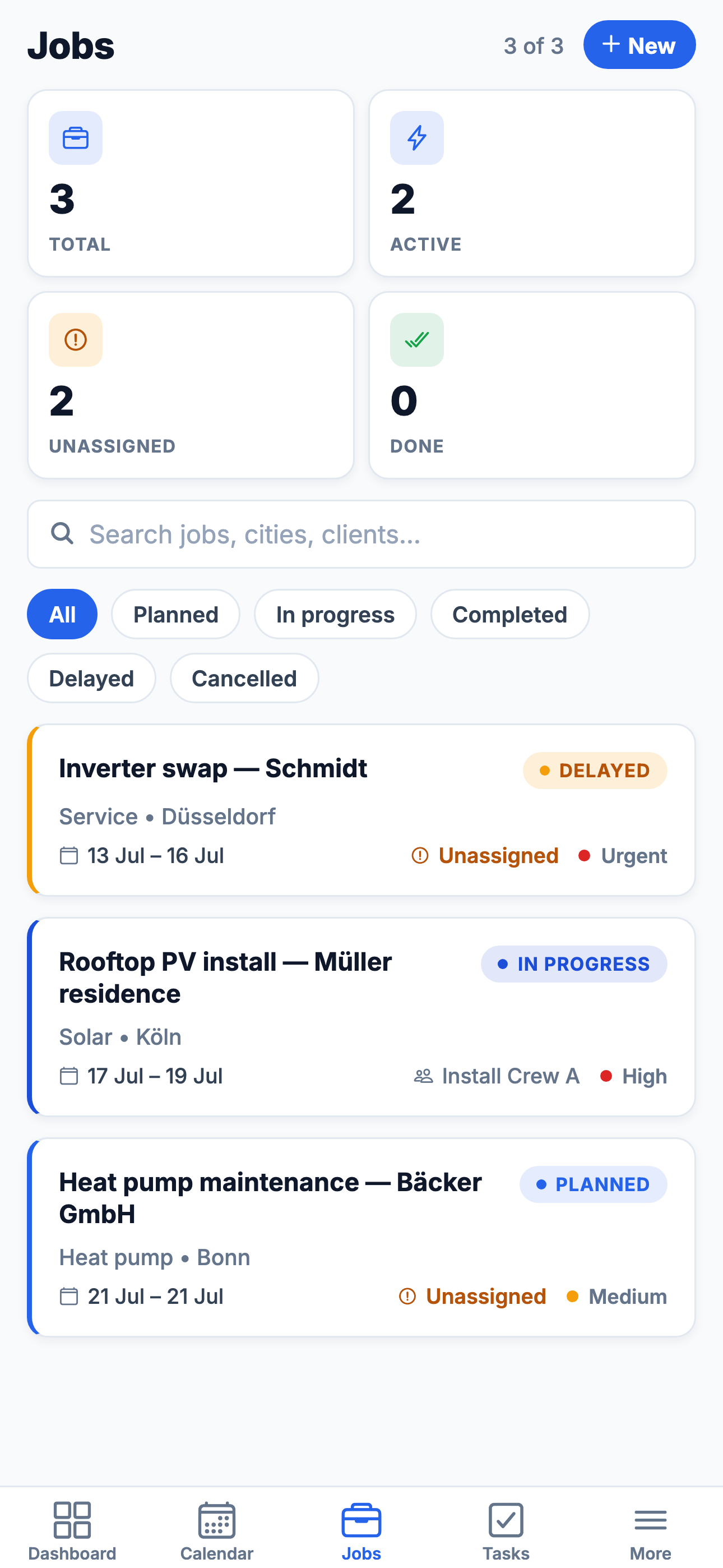 FlowDesk app job list and job statistics