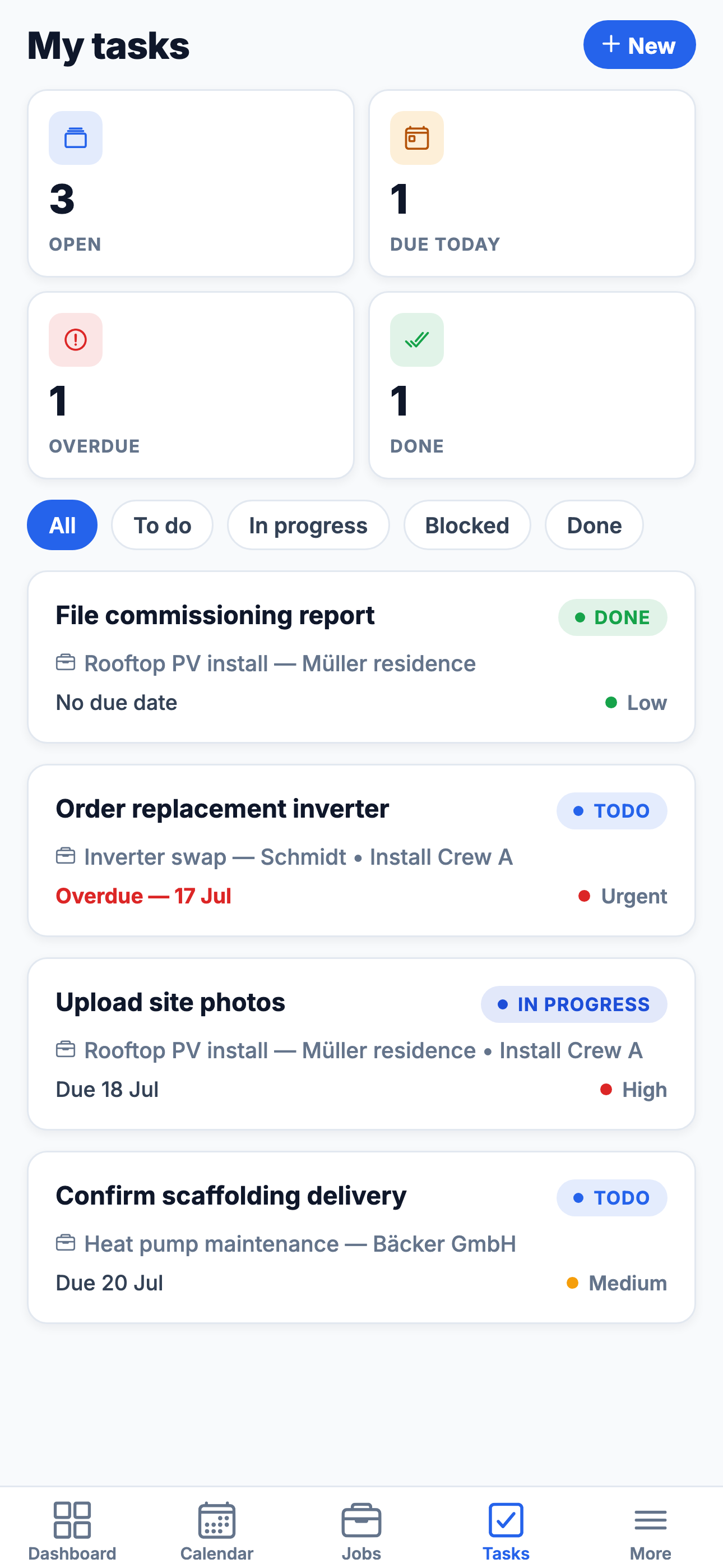 FlowDesk app task list and task statistics