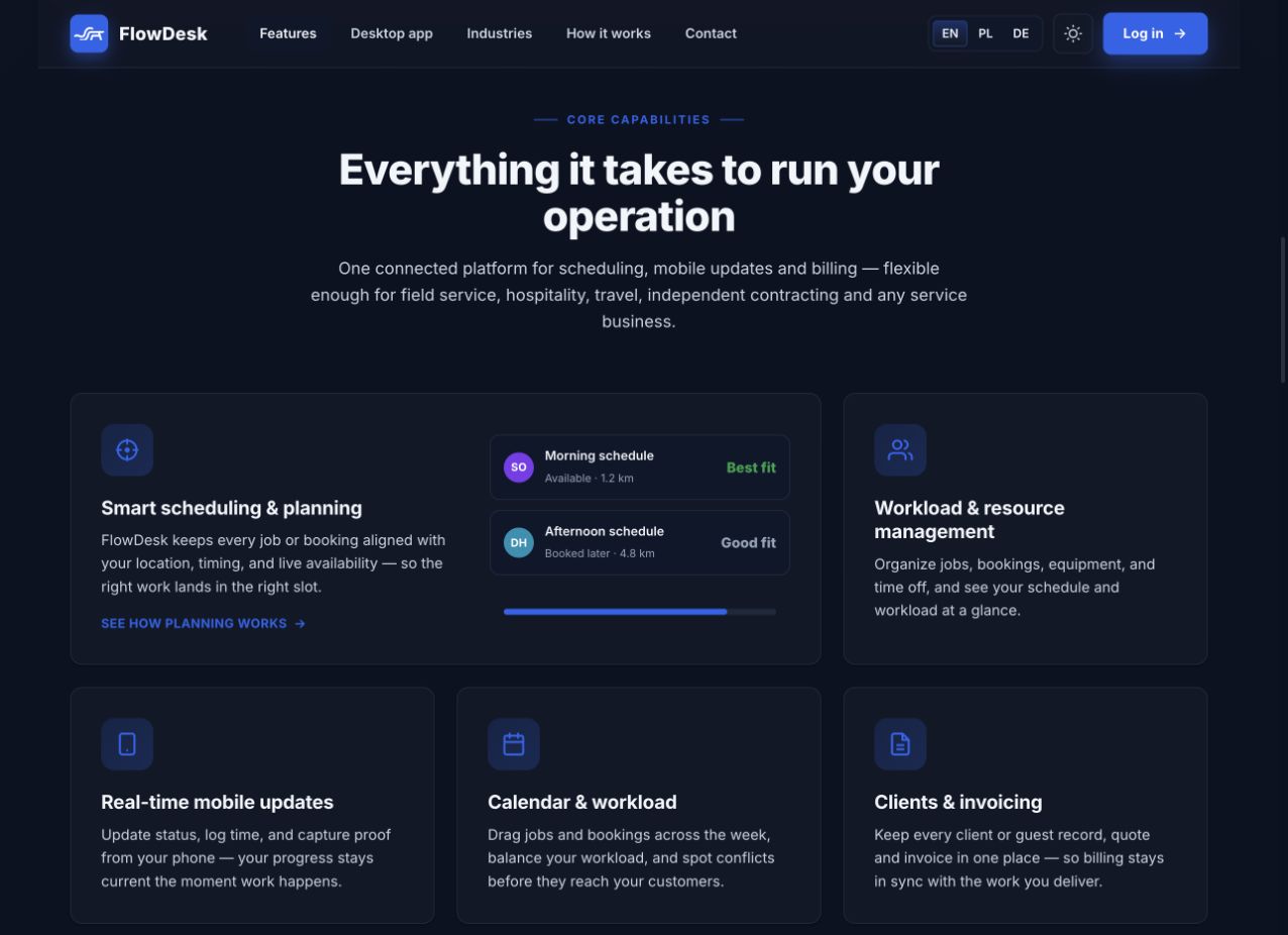 FlowDesk website scheduling, workload and billing features
