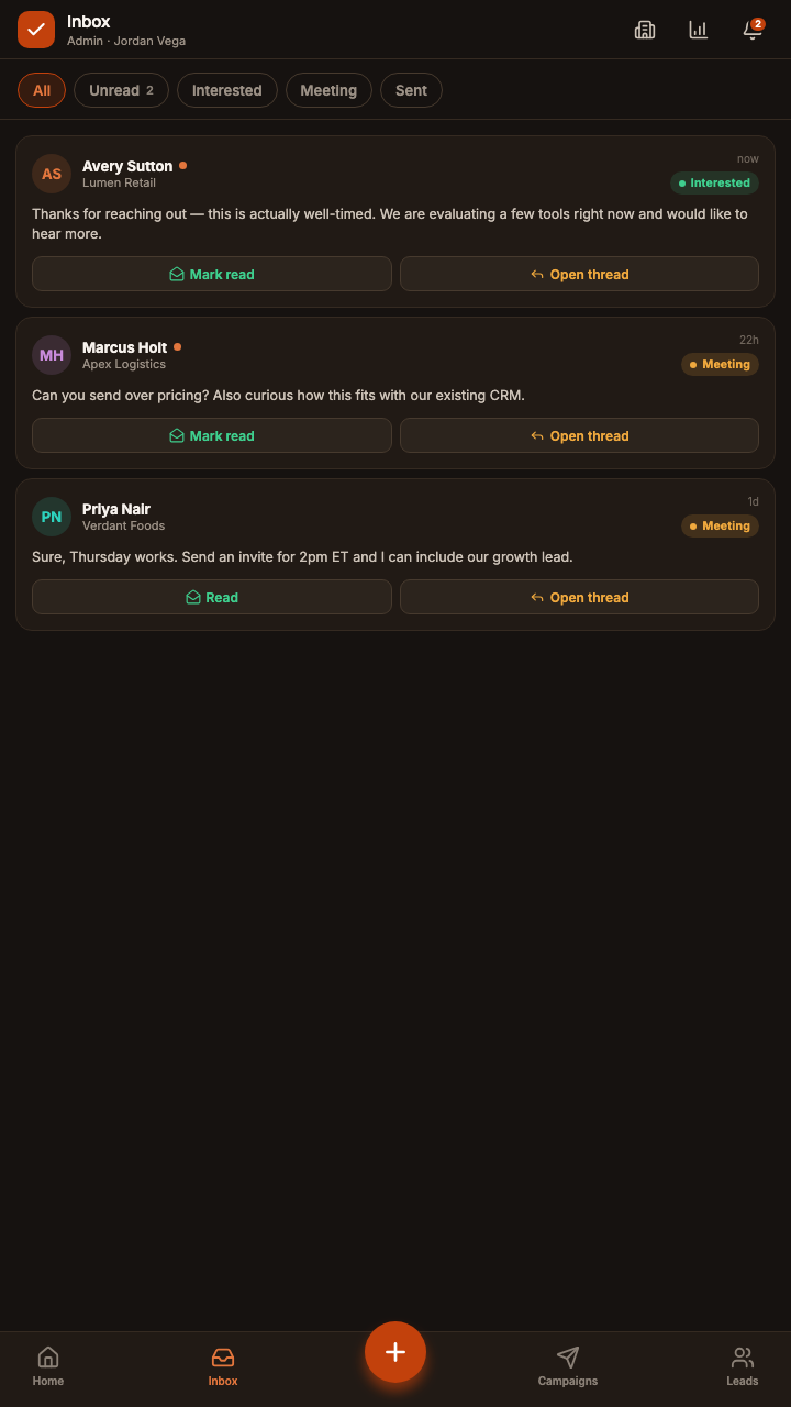 OutreachOS app replies inbox in its demonstration workspace