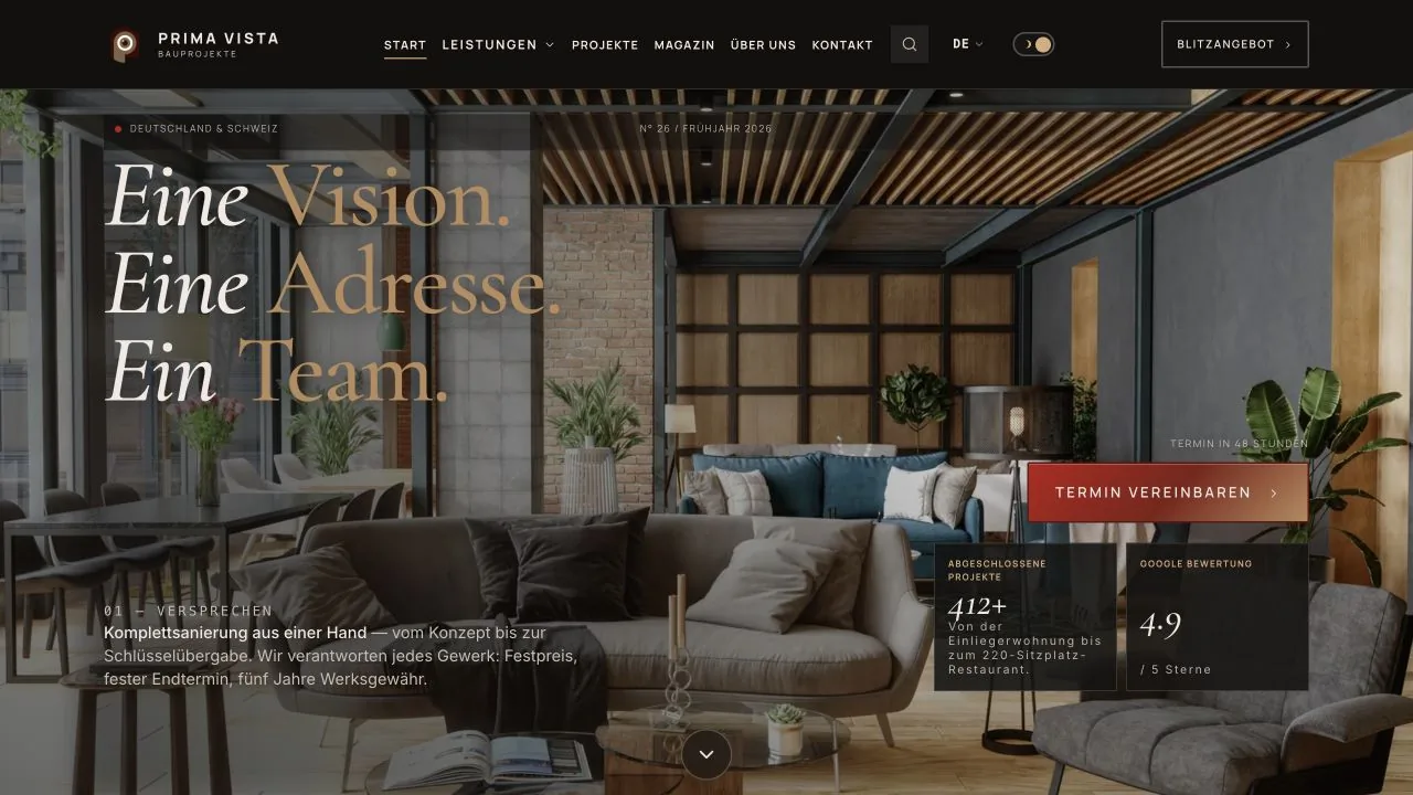 Prima Vista Bauprojekte website homepage with an editorial interior-design hero